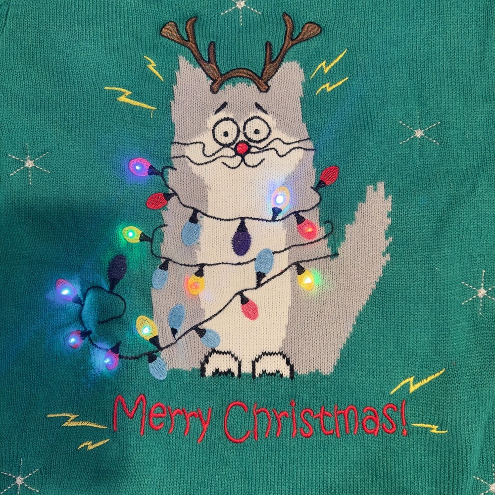 Holiday Time Cat Light Up Ugly Merry‎ Christmas Party Sweater-Size L-Green-Works - Picture 3 of 17